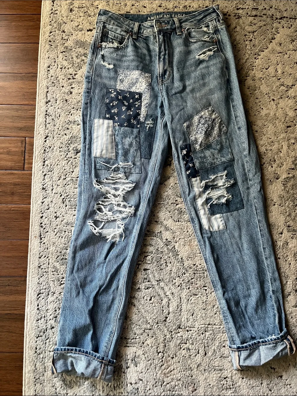 Patched straight leg jeans
